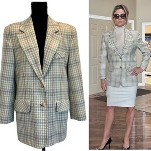 Town & Country plaid check wool blazer Sz 8 cream tan brown blue